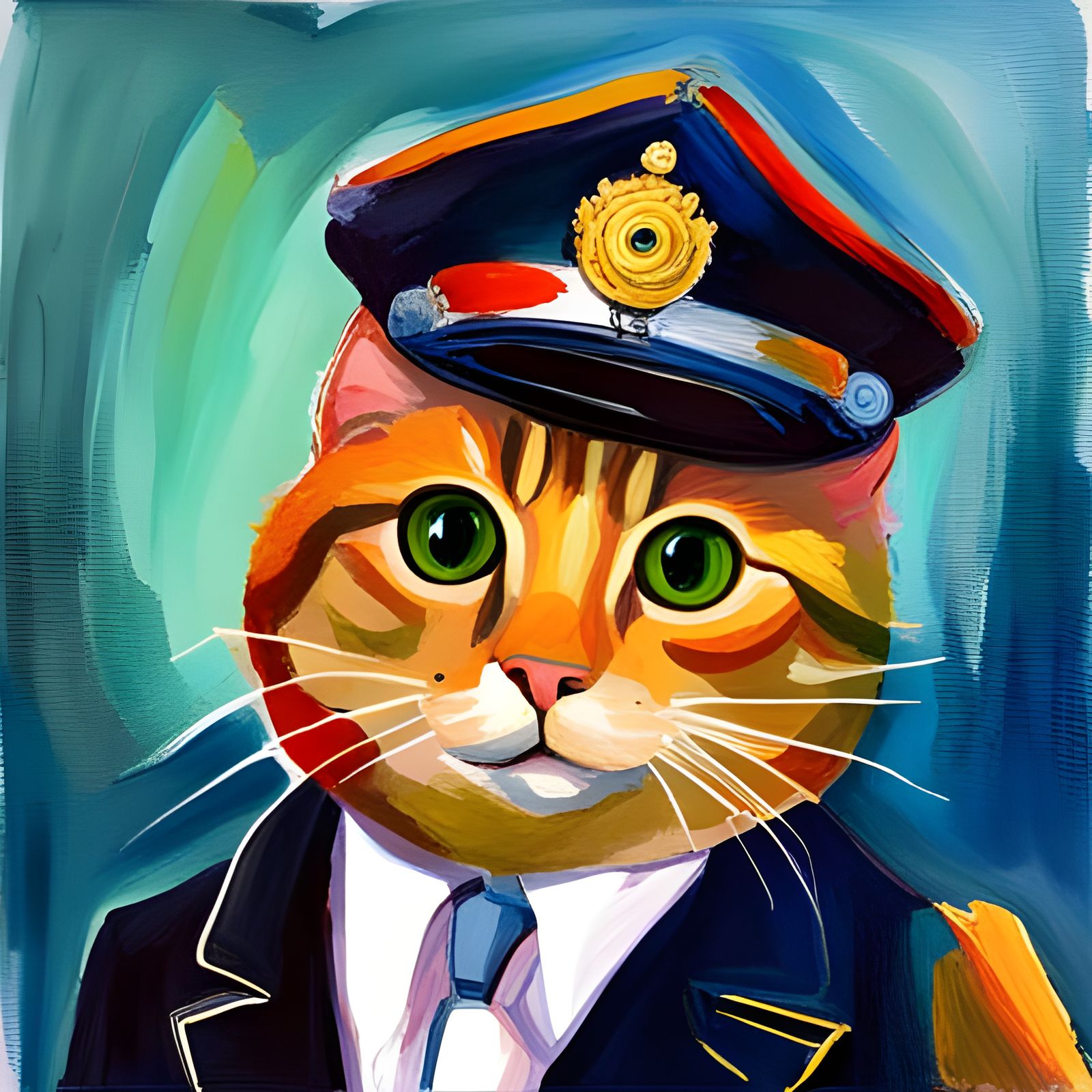 Elegant Cat Policeman in Gouache Watercolor Style
