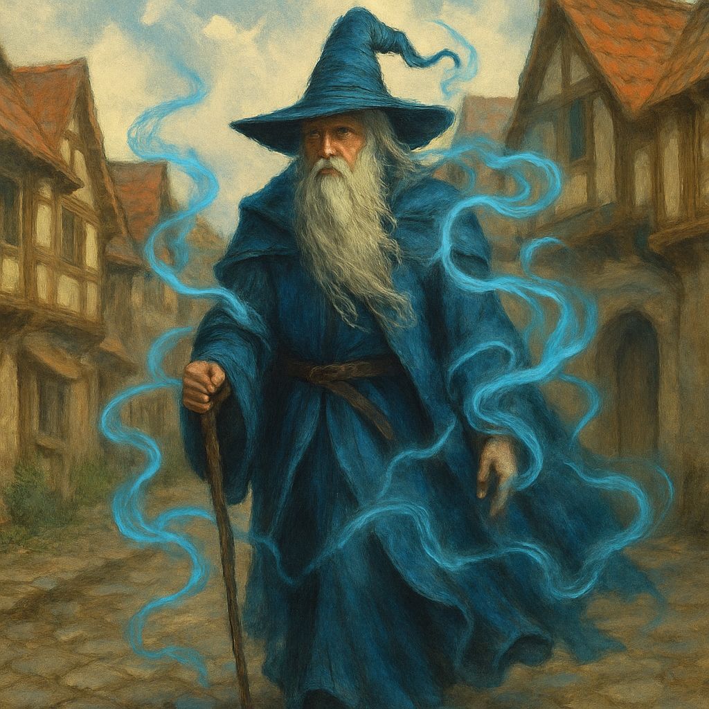 Wizard Walking Through Village with Magical Energy