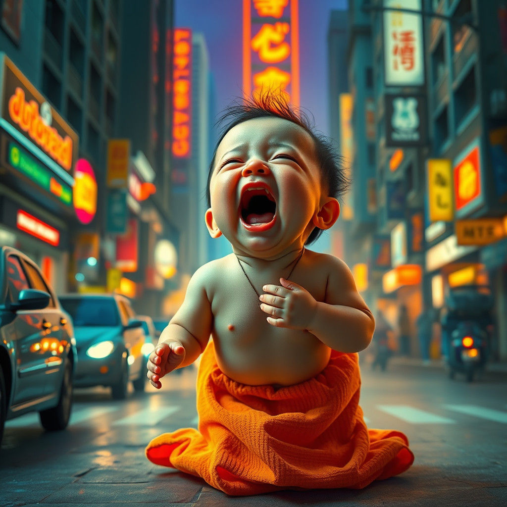 Surreal Urban Scene: Baby's Wail Stops Traffic in its Tracks