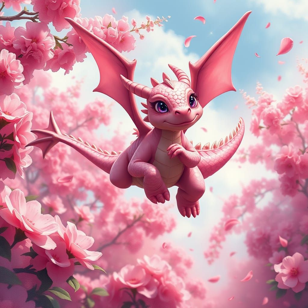 Majestic Pink Dragon Soars Through Vibrant Flower Forest