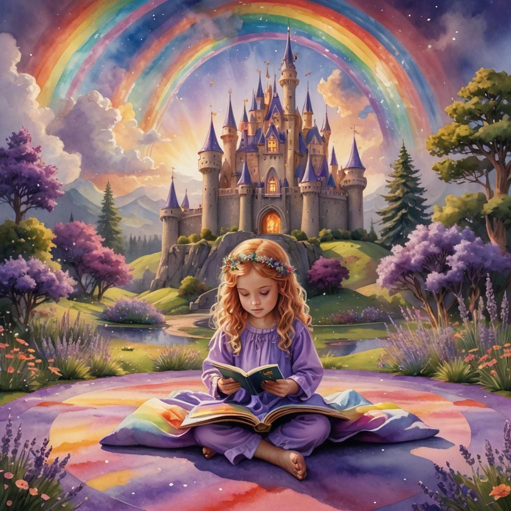 Magical Rainbow Castle with Reading Toddler, 3D Render