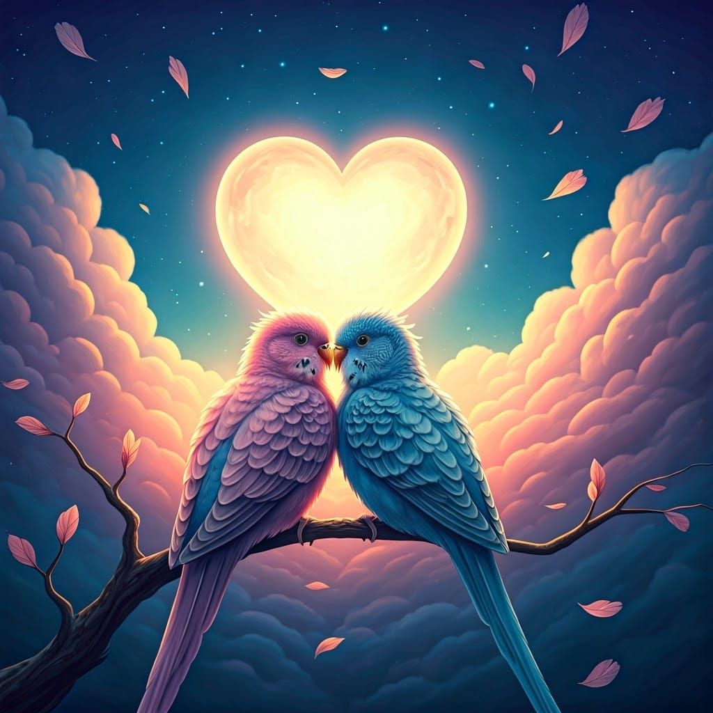 Whimsical Watercolor Couple in Pastel Hues Under a Dreamy Mo...