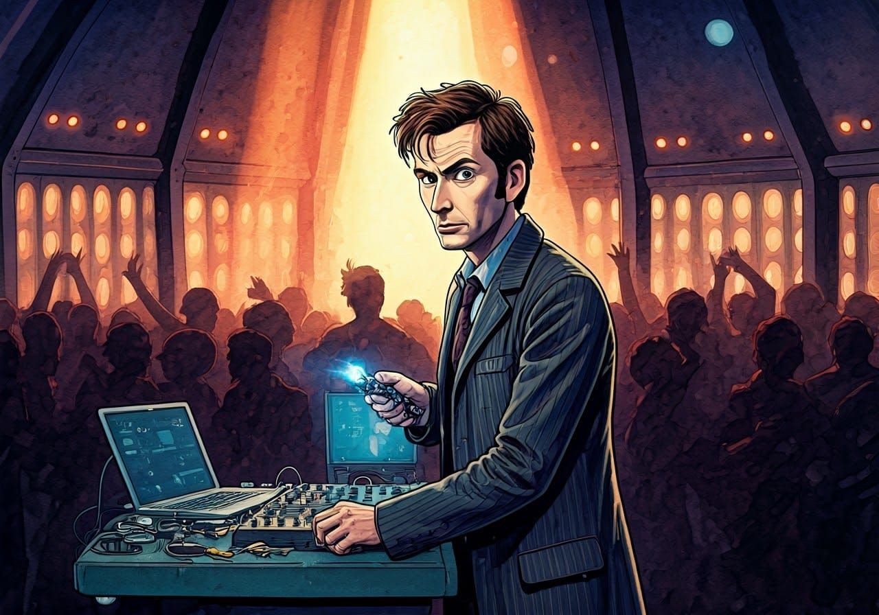 Tenth Doctor DJs in Tardis Control Room with Sonic Screwdriv...