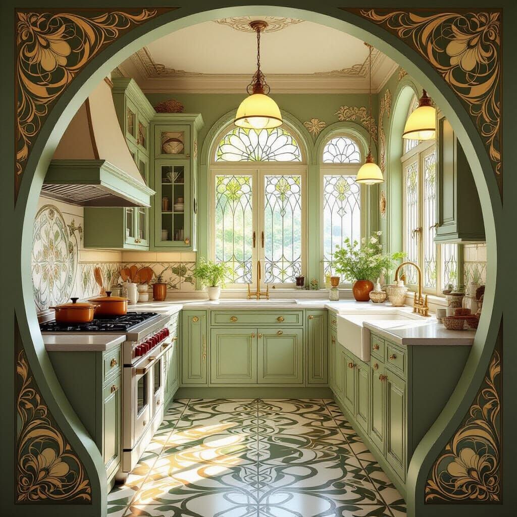 Art Nouveau Kitchen Interior with Fractal Vector Design
