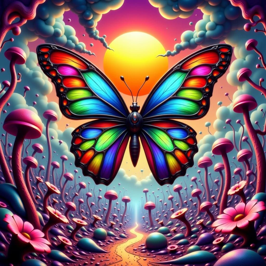 Butterfly with Clockwork Wings in Surreal Landscape