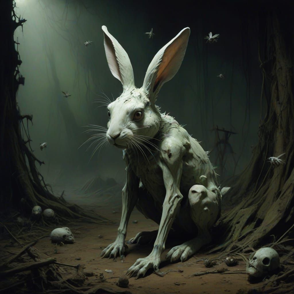 Surreal Rabbit Swarmed by Grief Flies in Dark Oil Painting