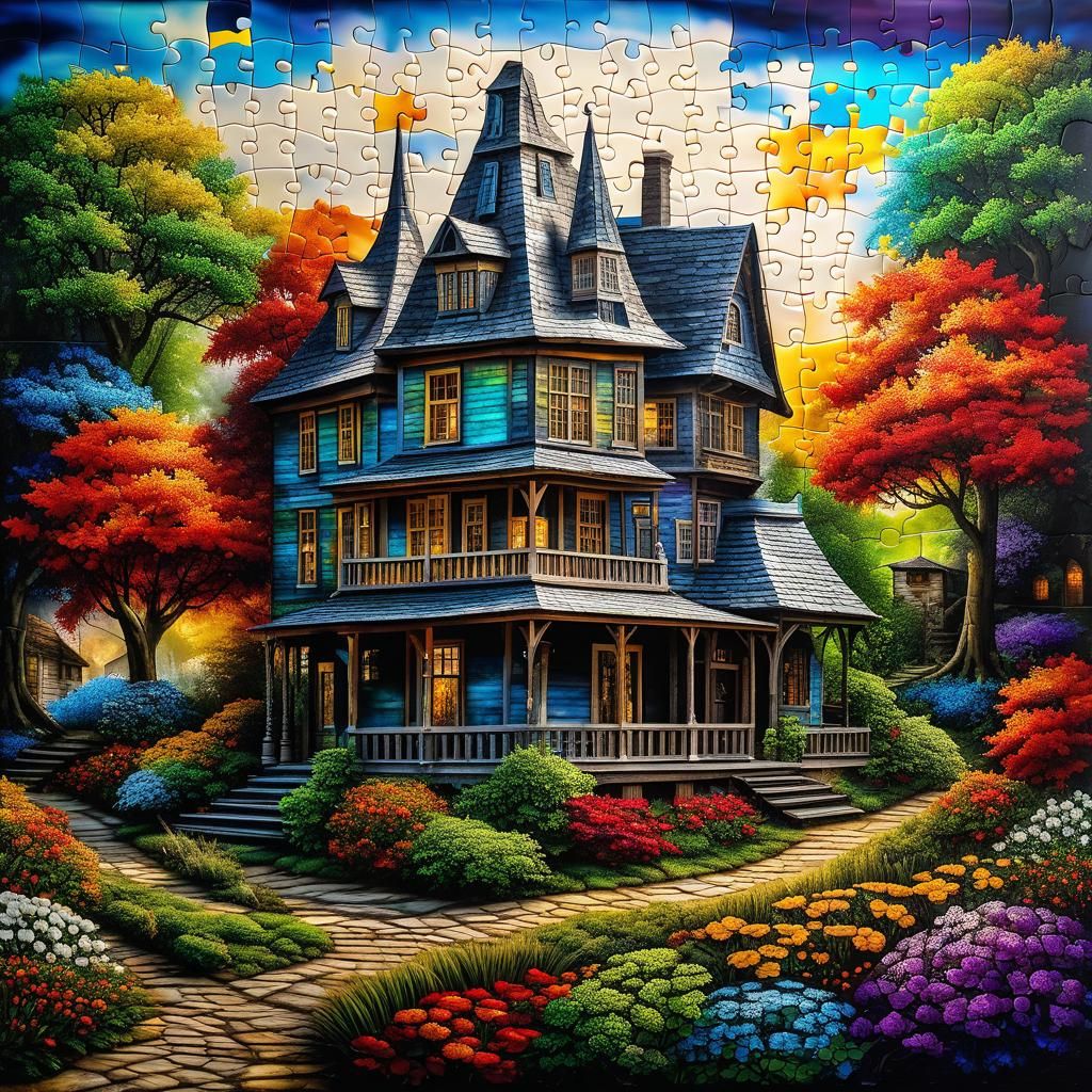 Village House in Puzzle World, Mixed Media