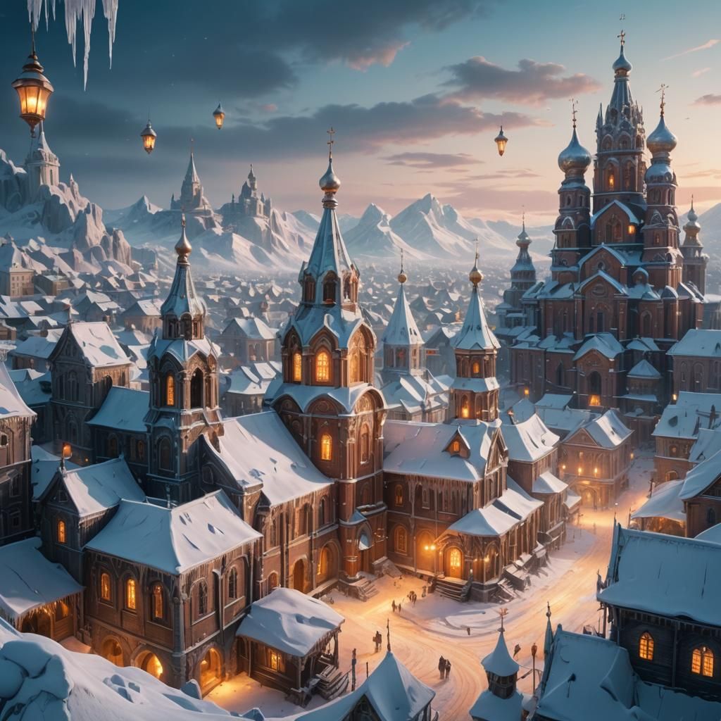 Frozen Russian Churches in Icy Fantasy Landscape
