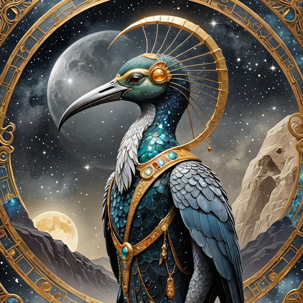 Thoth, Ibis-Headed Egyptian God in Art Nouveau Style