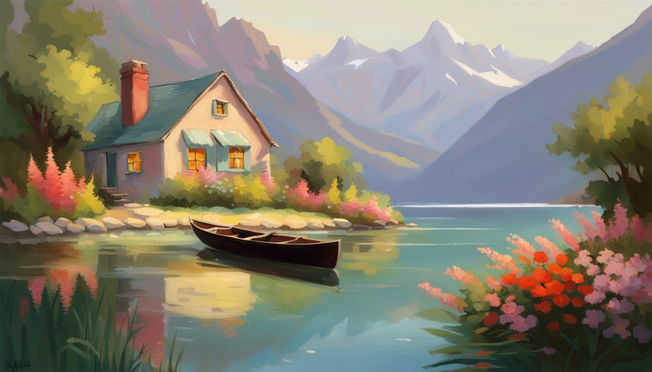 Charming Cottage on Tranquil River in Detailed Digital Art