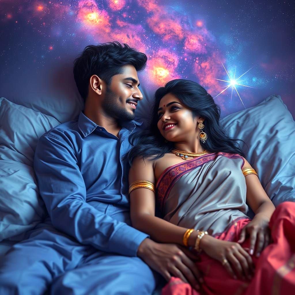 Lovers Gaze at Galaxy from Bedroom Window