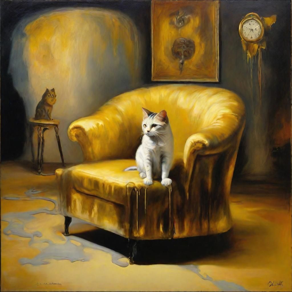 Surreal Cat with Melting Clock in Dreamlike Setting