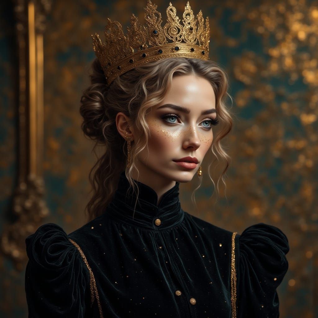 Woman in Black Velvet Dress with Gold Crown, 1800s Style