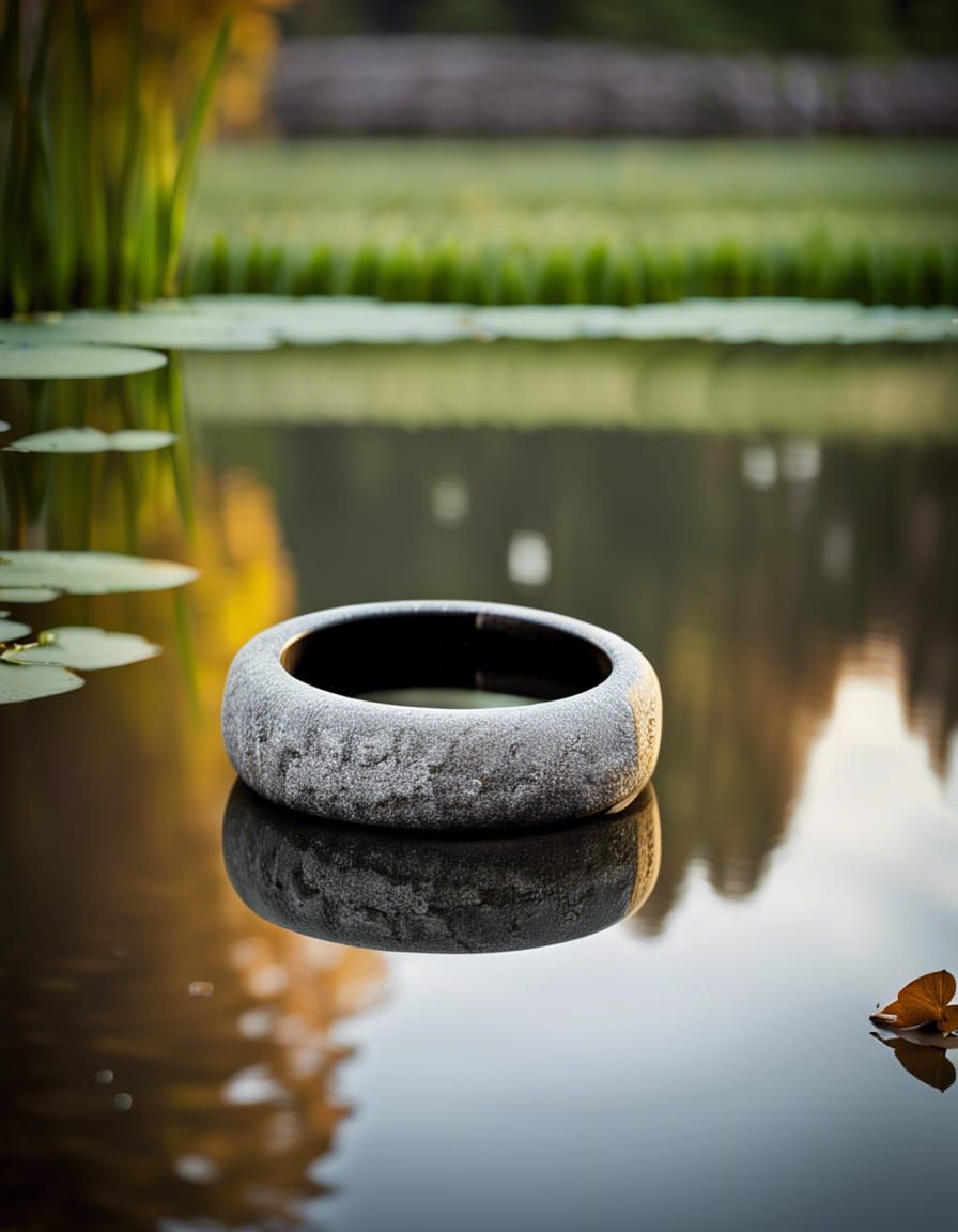 Stone Ring Reflecting Natural Landscape in Lake
