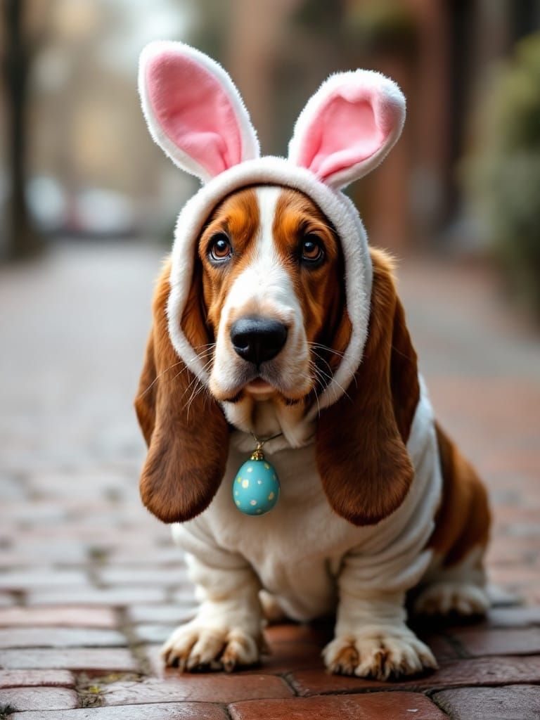 Cute Basset Hound in Easter Bunny Costume on Cobblestone