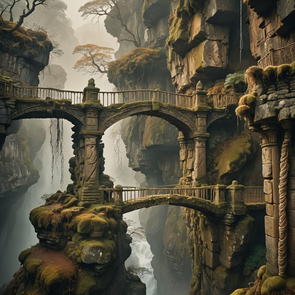 Misty Stone Bridge with Golden Sunset Glow