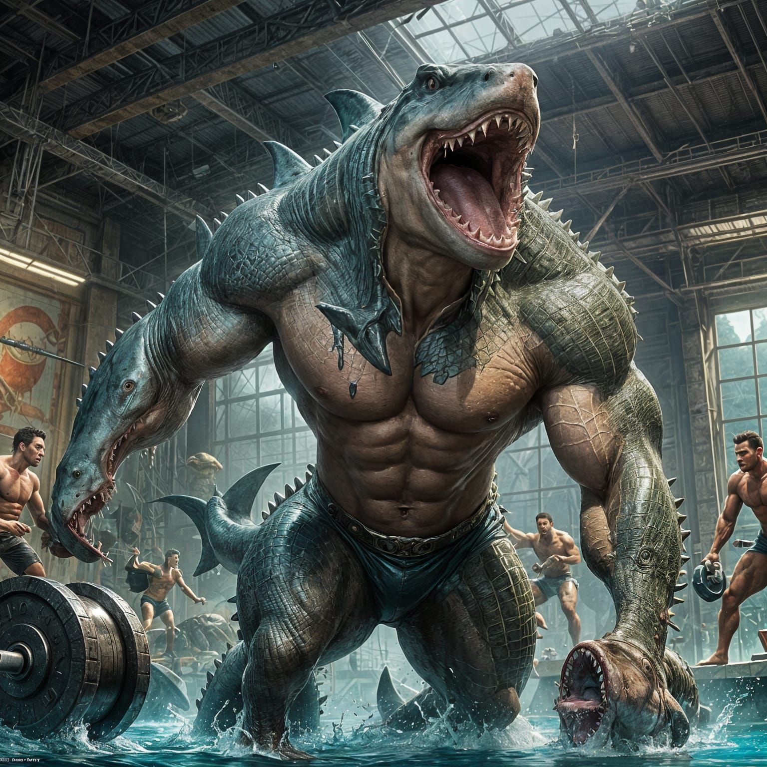 Muscular Hybrid Beasts in a Water-Themed Gym