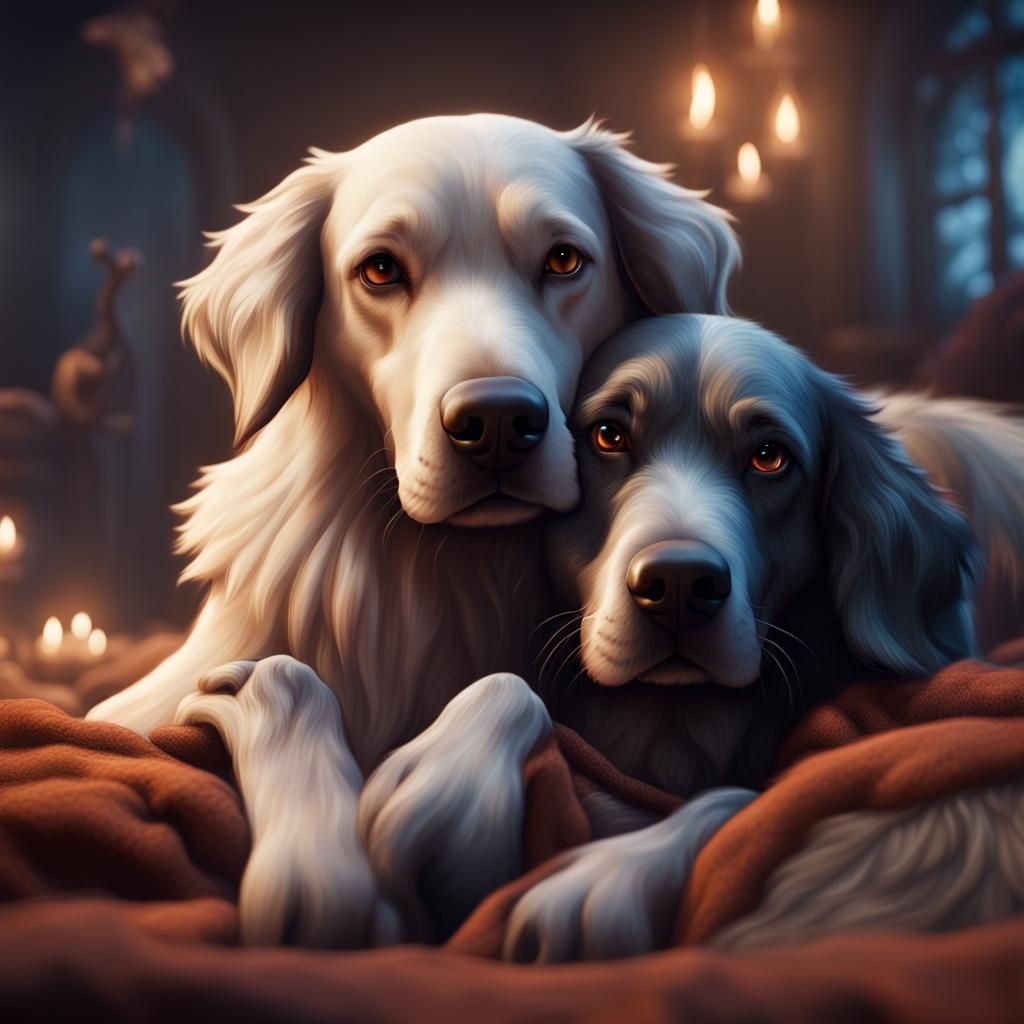 Dogs Snuggling: Detailed Fantasy Concept Art