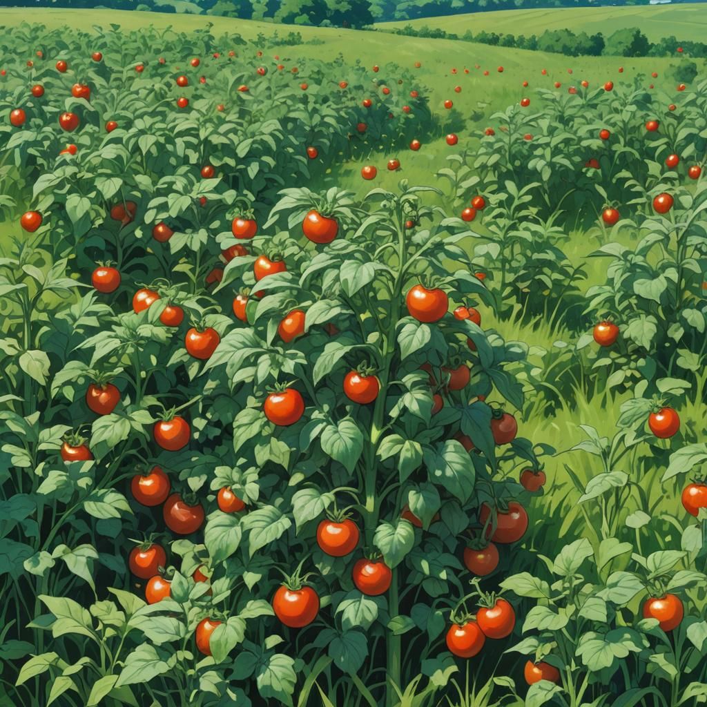 Giant Tomato in Meadow, Studio Ghibli Style