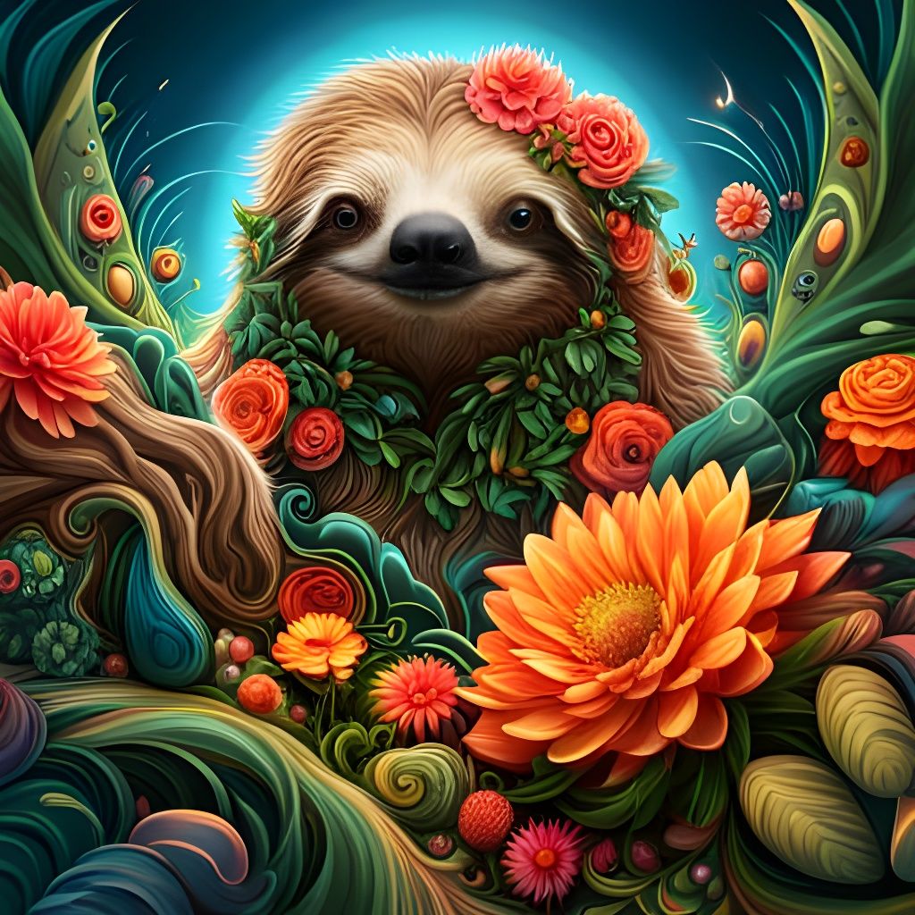 Cyberpunk Floral Tree Sloth Digital Illustration