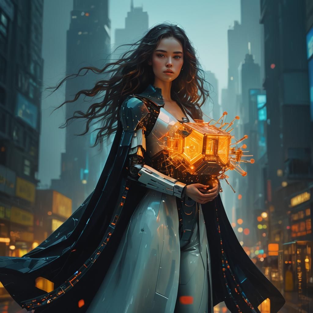 Robot in Futuristic Cityscape, Bauhaus Style