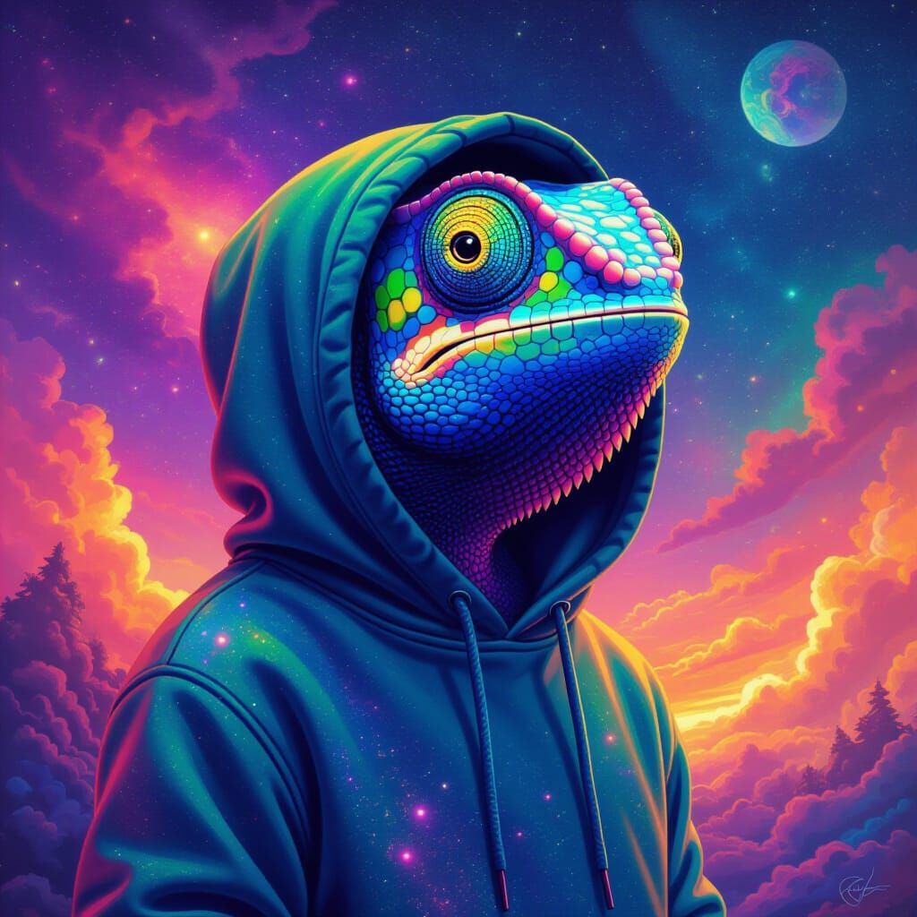 Cosmic Rainbow Chameleon in Psychedelic Dreamscape