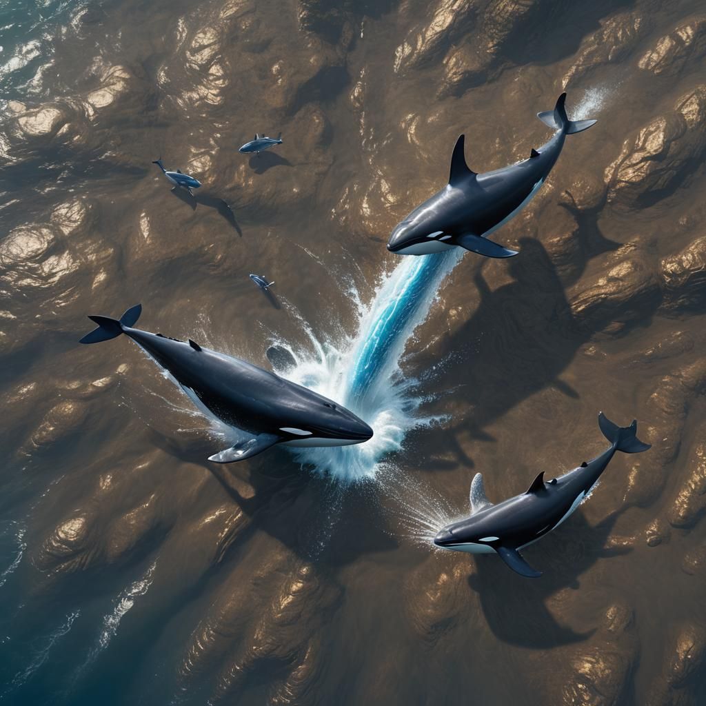 Whales Playfully Spouting Water, Detailed Digital Painting