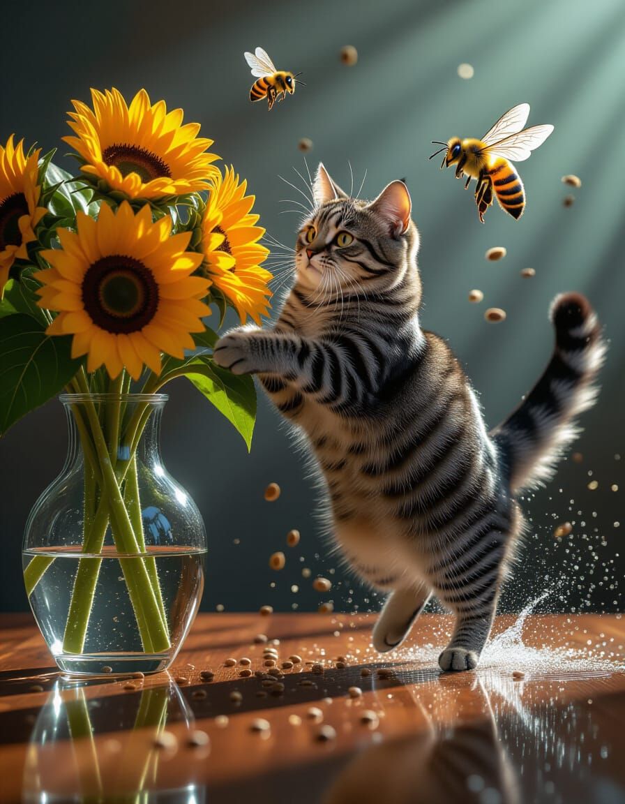 Cat Knocks Over Vase of Sunflowers in Hyperreal Detail