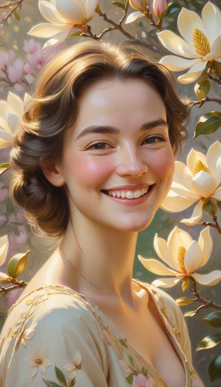 Woman Amongst Vibrant Magnolia Blooms in Soft Impressionist ...
