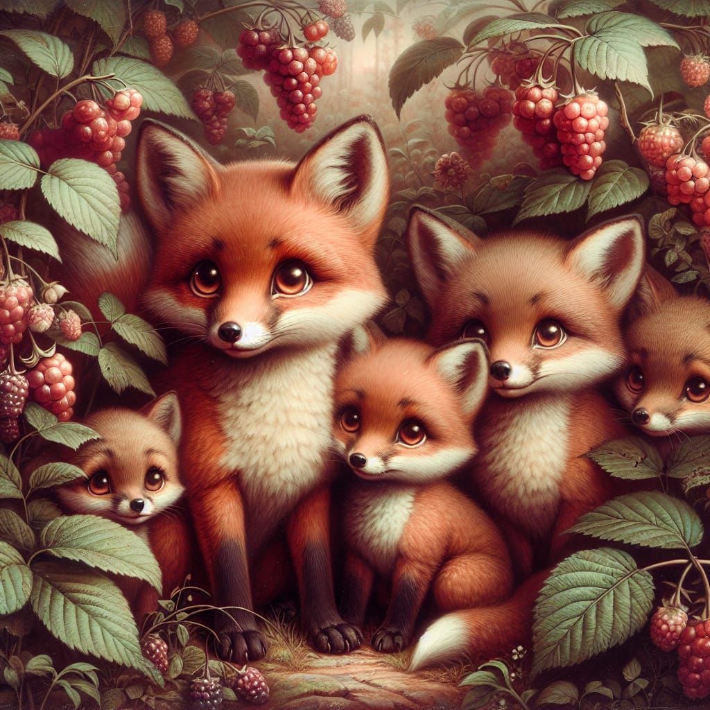 Whimsical Fox Family Amidst Blackberry Hedge