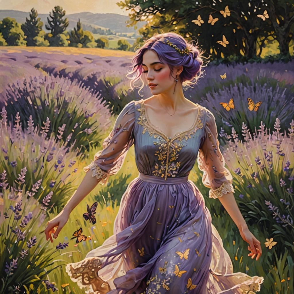 Impressionist Woman Dancing in Lavender Field at Sunset