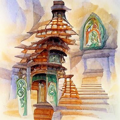 Celtic Pagoda Shrine in Watercolor Style