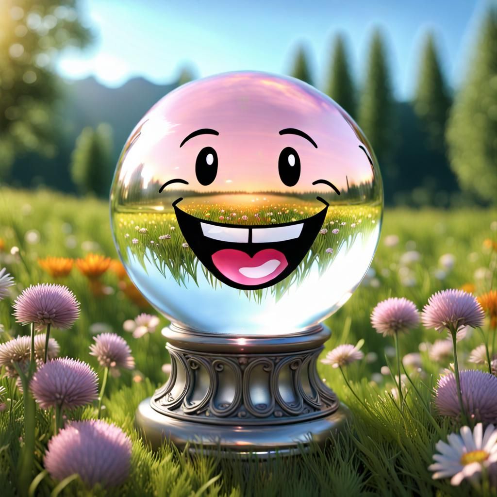 Smiling Crystal Ball in Meadow: 3D Photorealistic Render
