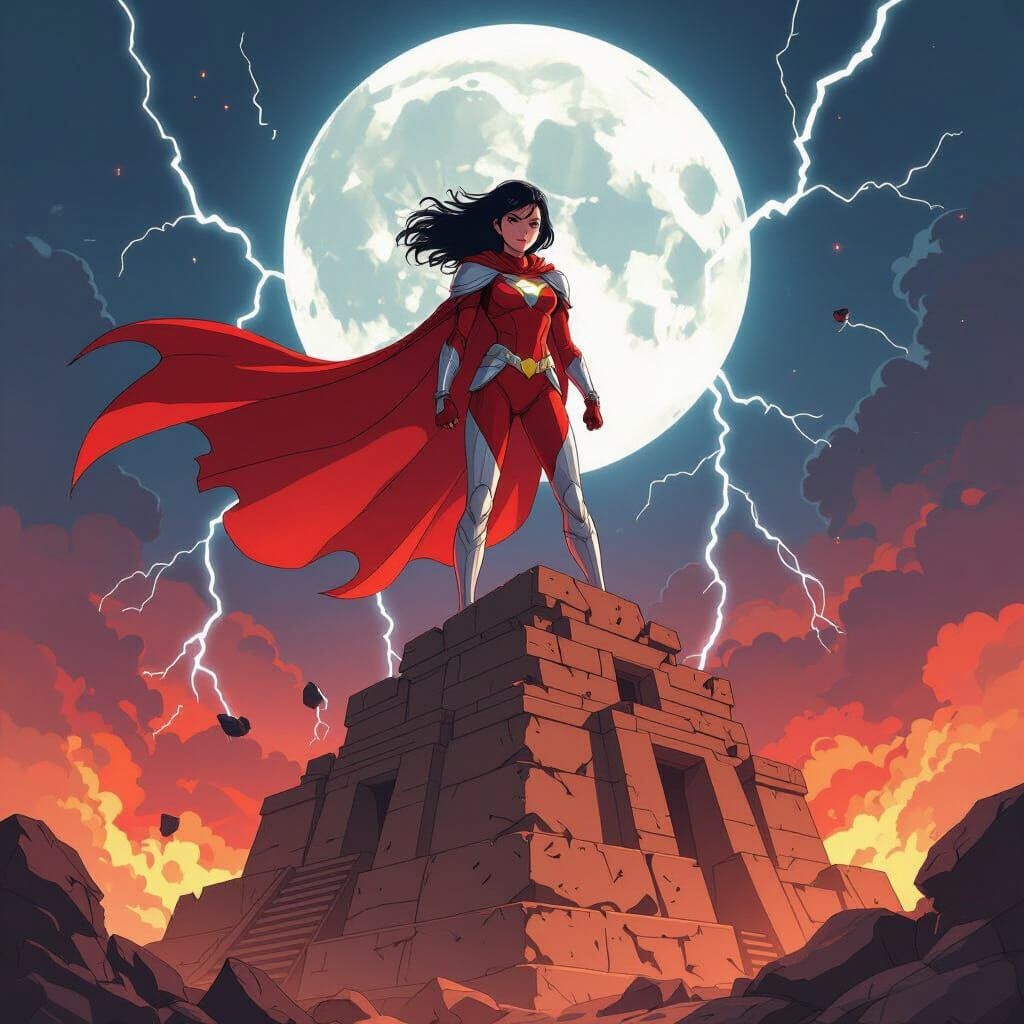 Fiery Superheroine on Crumbling Ziggurat in Manga Style