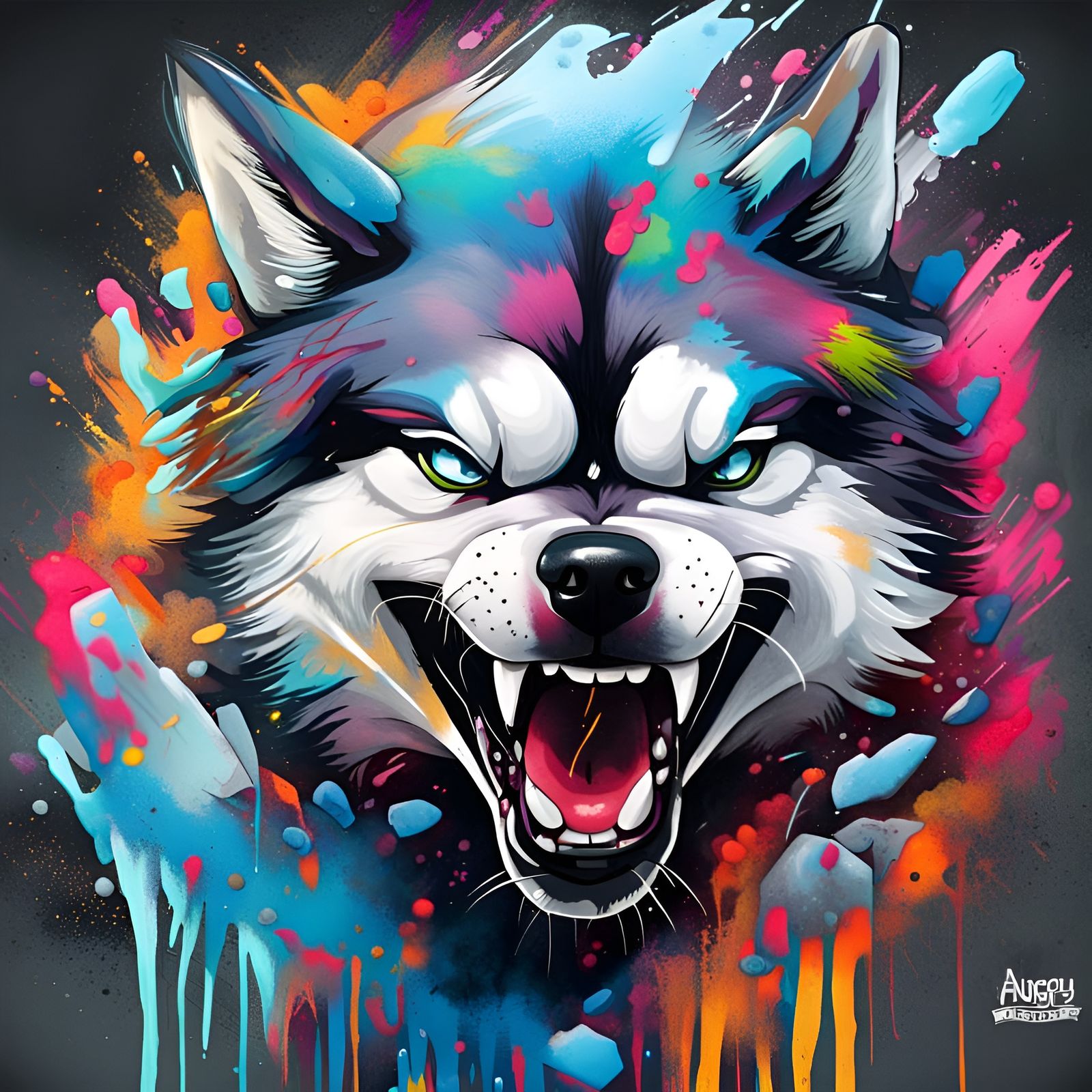 Angry Warrior Husky in Graffiti Street Art
