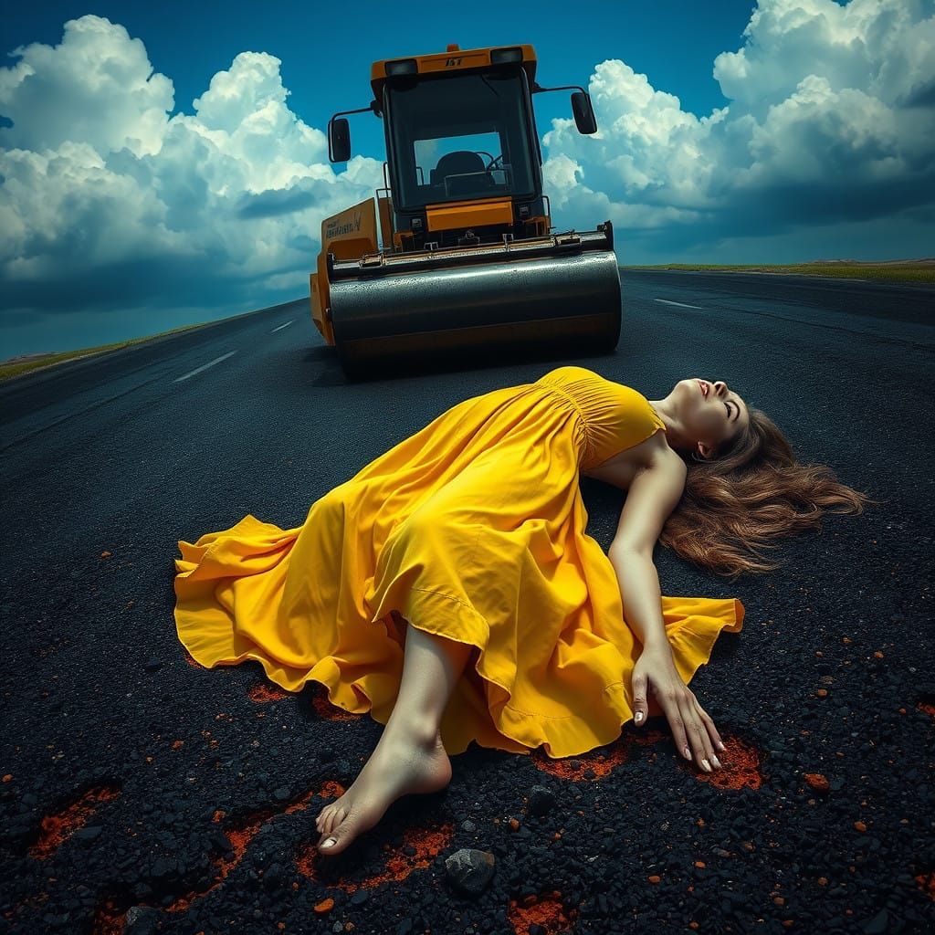 Surreal Hyper Realistic Image of Woman Flattened in Asphalt