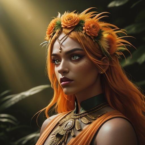 Metallic Woman with Peacock Feathers in Mystic Forest