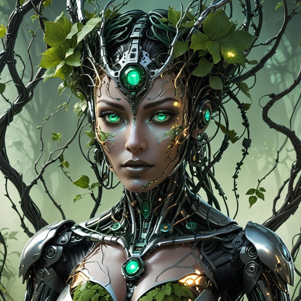 Cyborg Dryad with Bioluminescent Vines