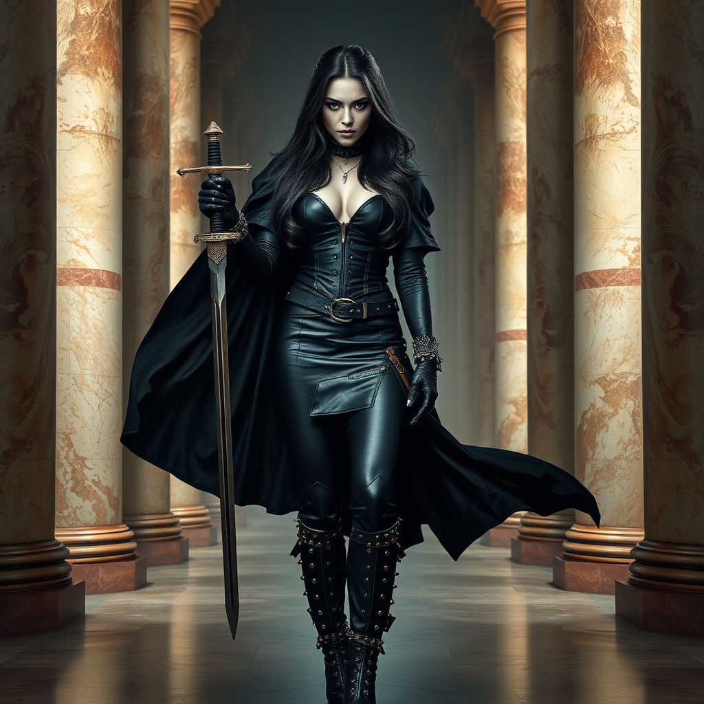 Woman with Raven Hair in Leather and Cloak