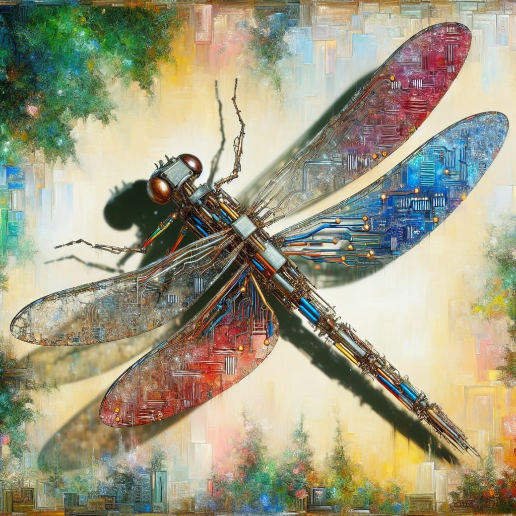Circuit Board Dragonfly with Iridescent Wings