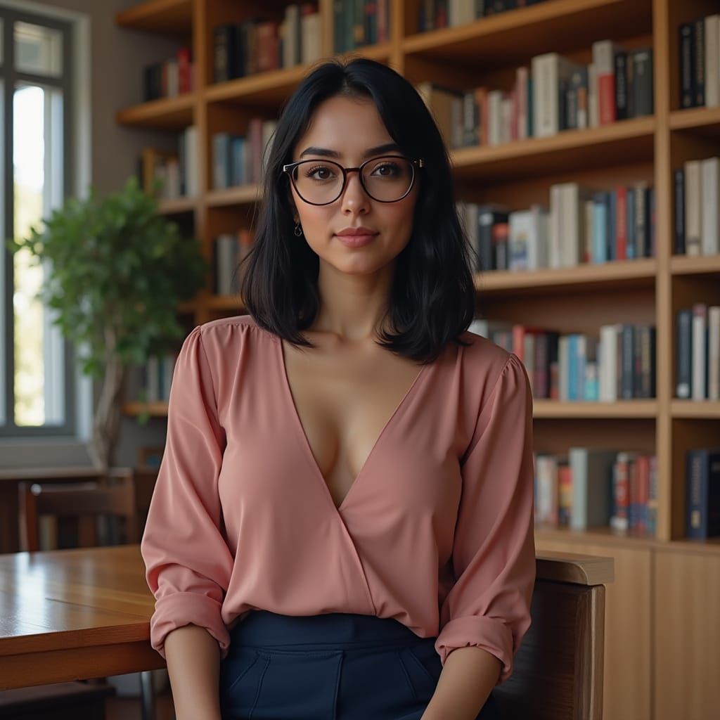 Hyperrealistic Portrait of Spanish Woman in Library