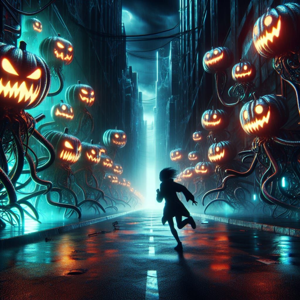 Woman Flees Robotic Pumpkins on Neon-Lit City Street