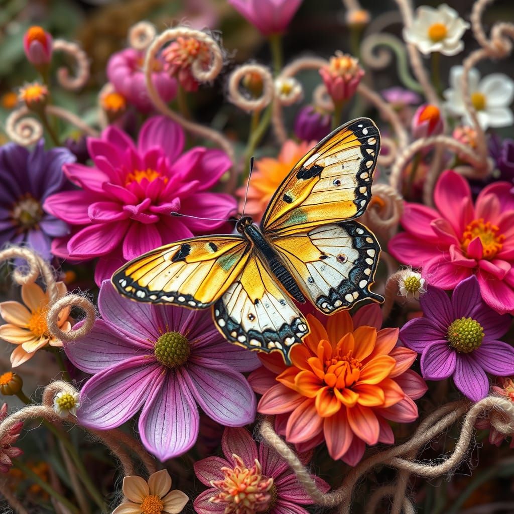 Butterfly in Blooming Garden with Swirling Wool Threads