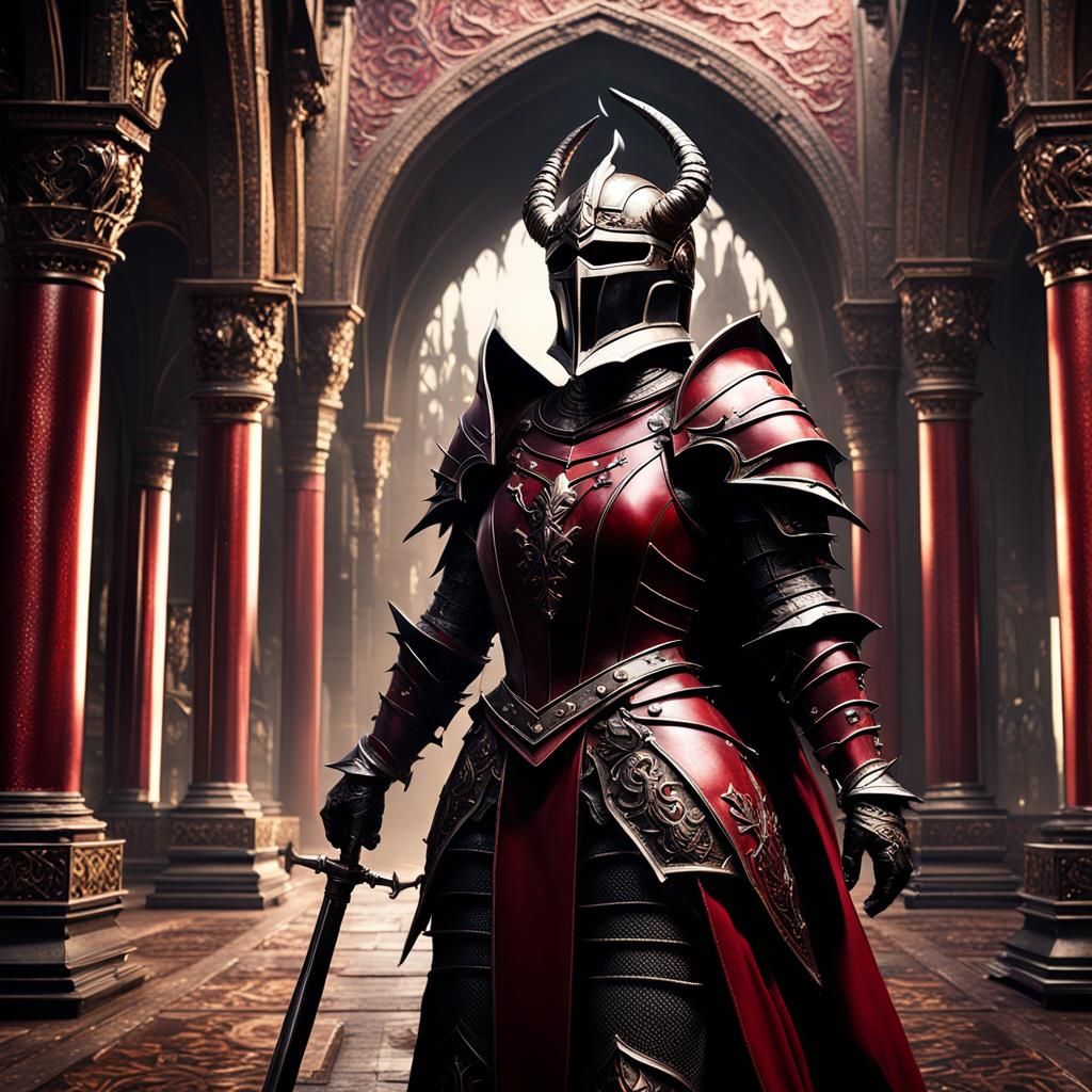 Medieval Female Knight with Demon Horns in Dark Fantasy