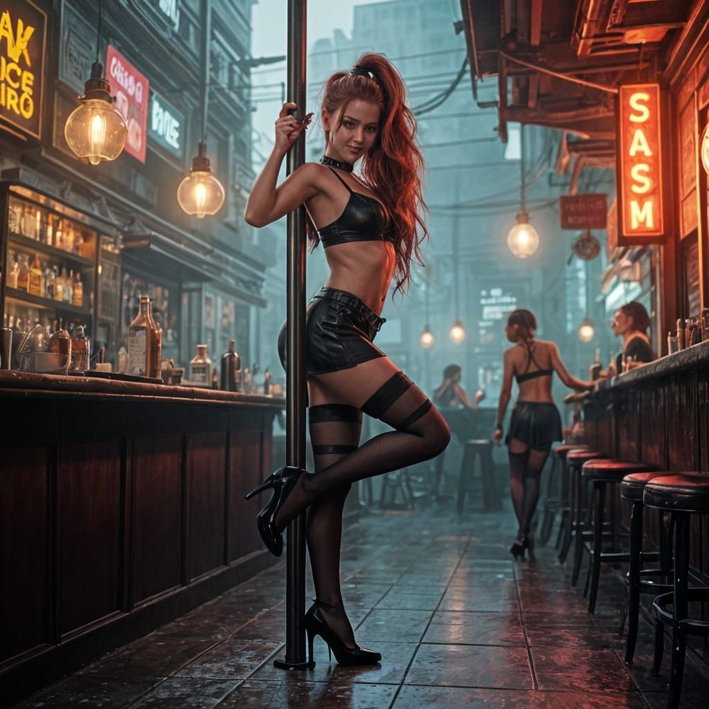 Redhead Pole Dancer in Dystopian City, Digital Art