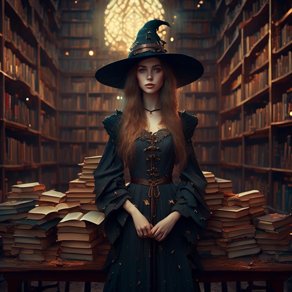 Young Witch in Magic Library with Wide Brimmed Hat