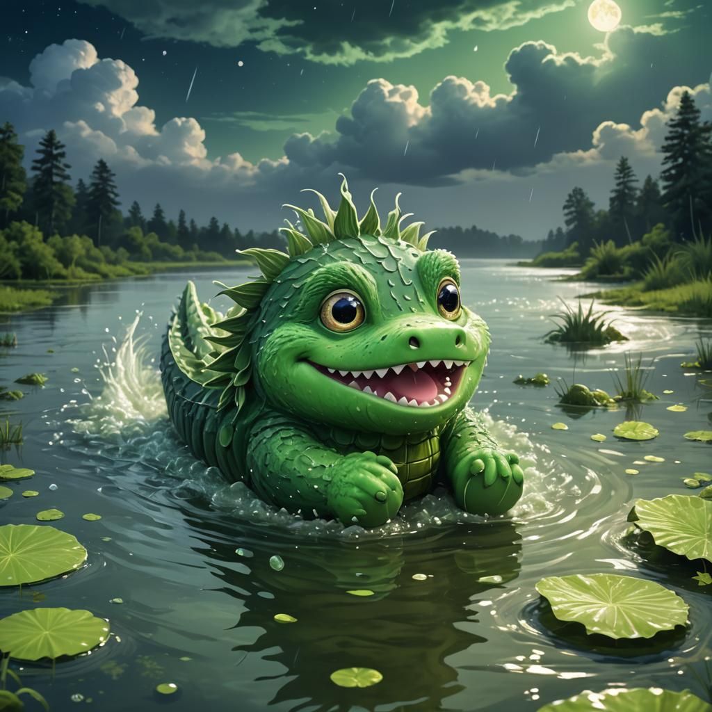 Cute Fluffy Crocodile in Plush Style at Night