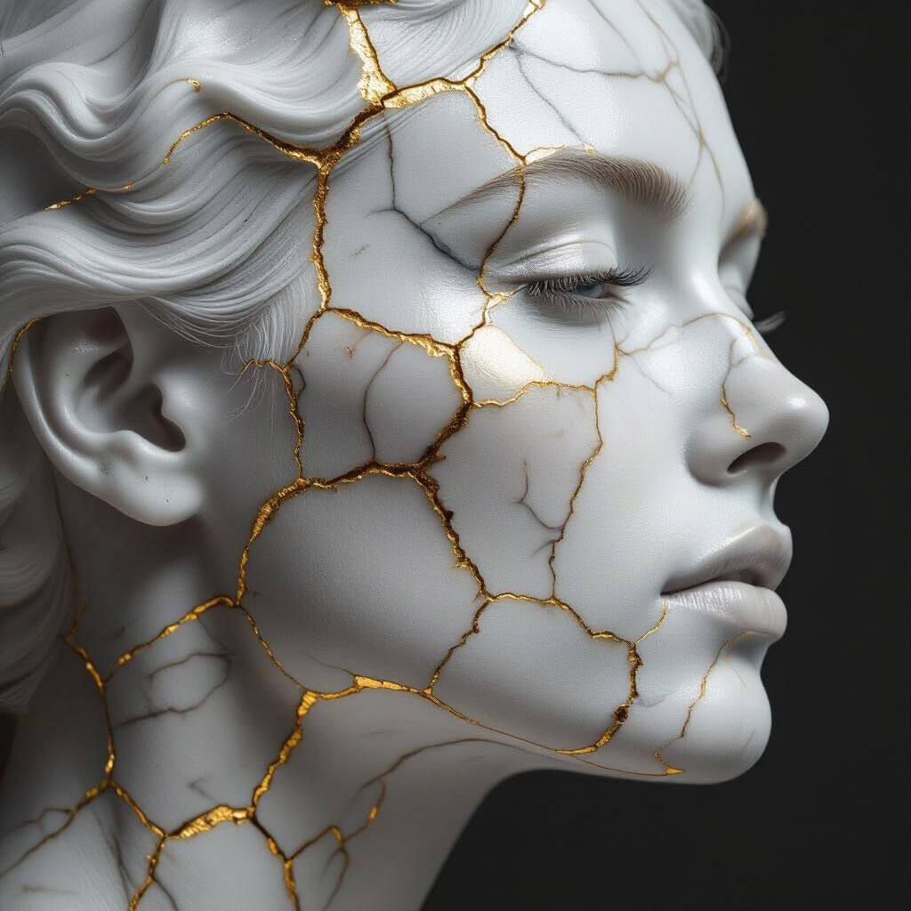 Woman's Profile with Golden Kintsugi in Black and White