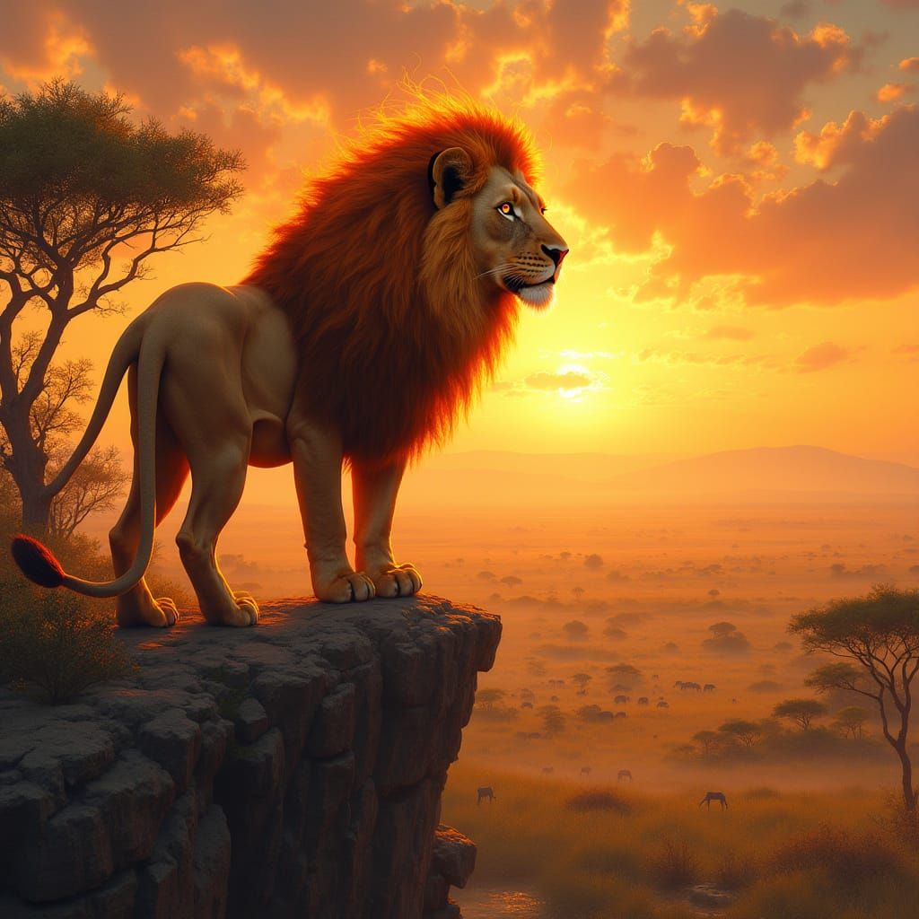 Majestic Lion with Flaming Mane Overlooking Savanna