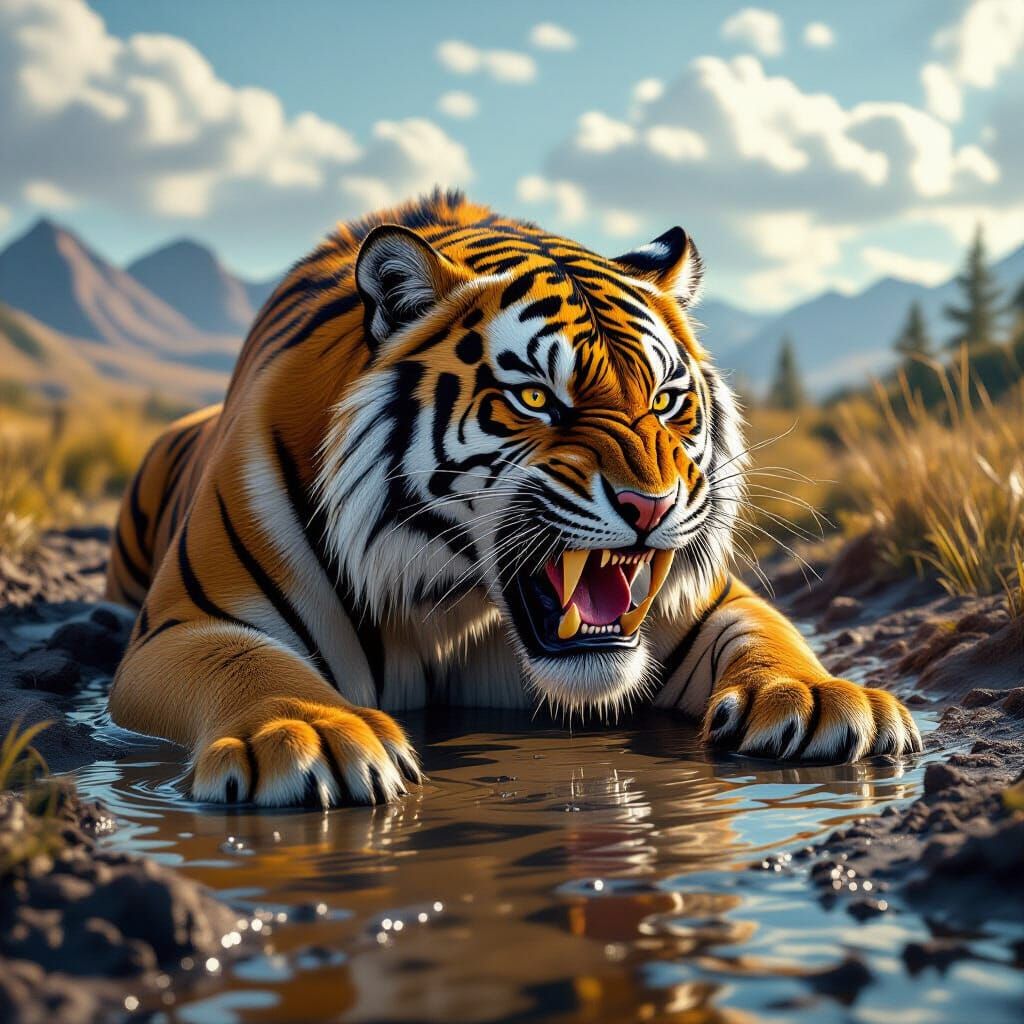 Sabre-Tooth Tiger Trapped in Tar Pit: Photorealistic Renderi...